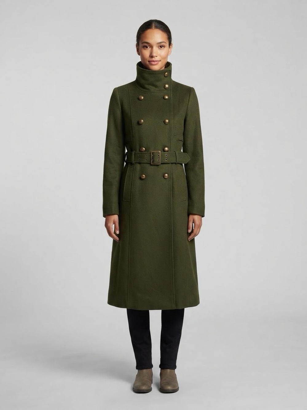 BCBGMaxAzria Olive Green Belted Long Military Pea/Trench Coat Sz 4